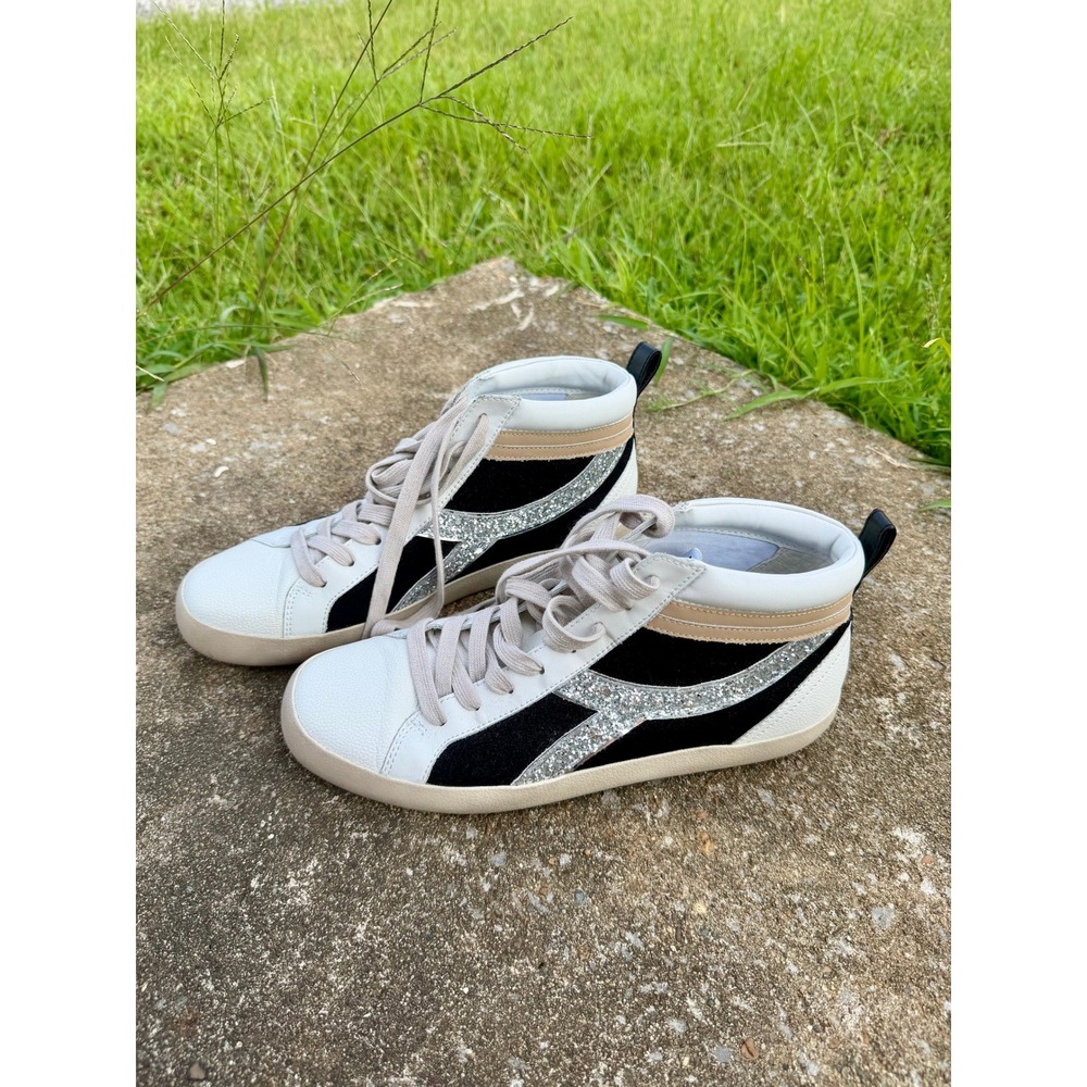 Gianni Bini Womens 8.5 High‎ Top Sneakers White Black Glitter Sparkle Star Kicks
